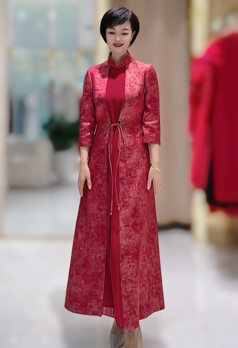 17971朱紫褕酸喜婆婆喜妈妈婚宴礼服假两件气质长款小A版