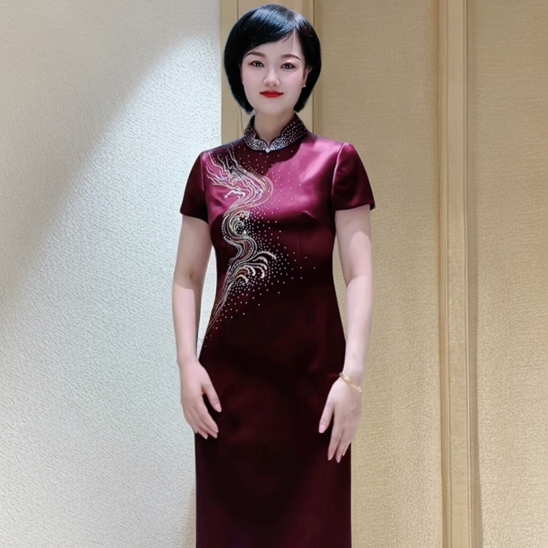 170092六礼枣红紫红三醋酸面料喜婆婆婚宴红色敬酒服订婚宴婚礼