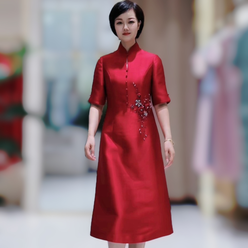 17976六礼亮酒红改良版喜婆婆喜妈妈婚宴A版旗袍礼服婚礼裙敬酒服