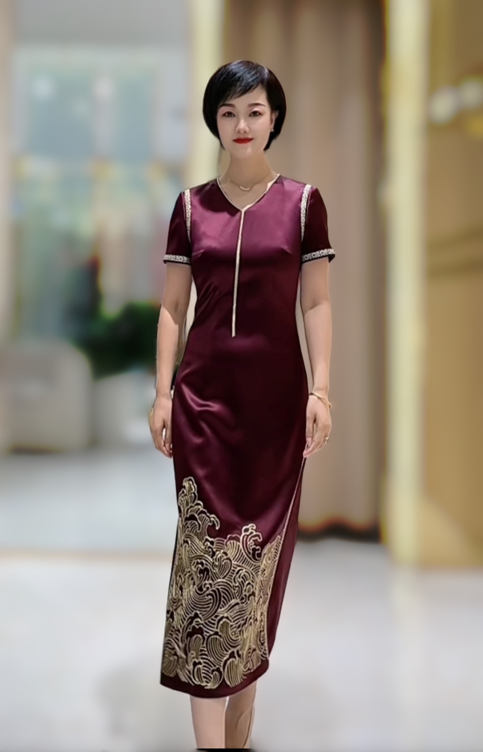 17808朱紫瑜紫红醋酸面料V领喜婆婆喜妈妈婚宴礼服中式敬酒服