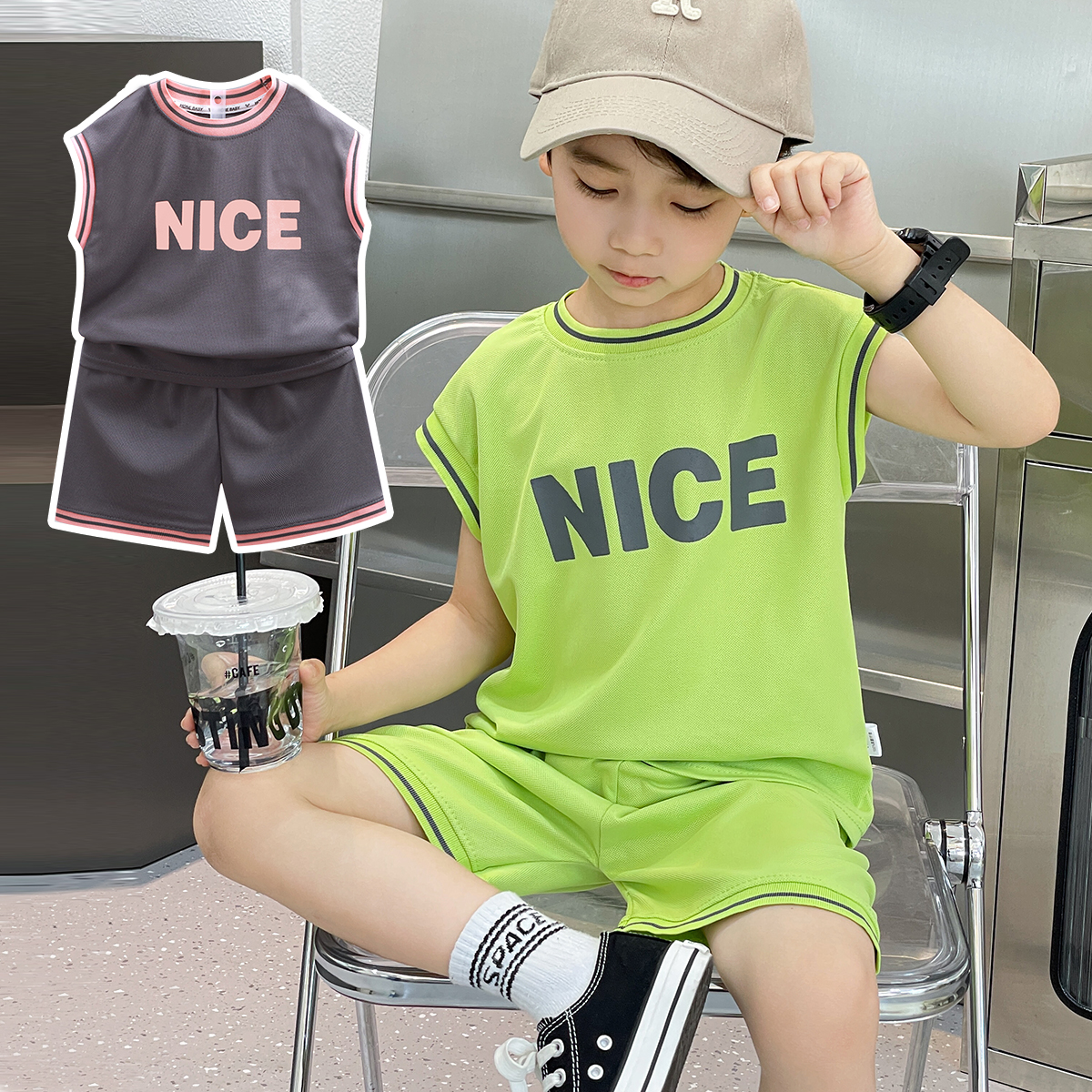 儿童夏季2024背心短裤套装中大童潮韩版时尚字母印花童装无袖
