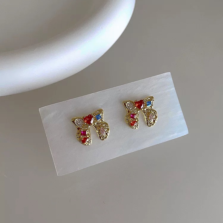 铜合金合成锆石耳饰 爱心蝴蝶结小众个性简约百搭气质耳环QC1304