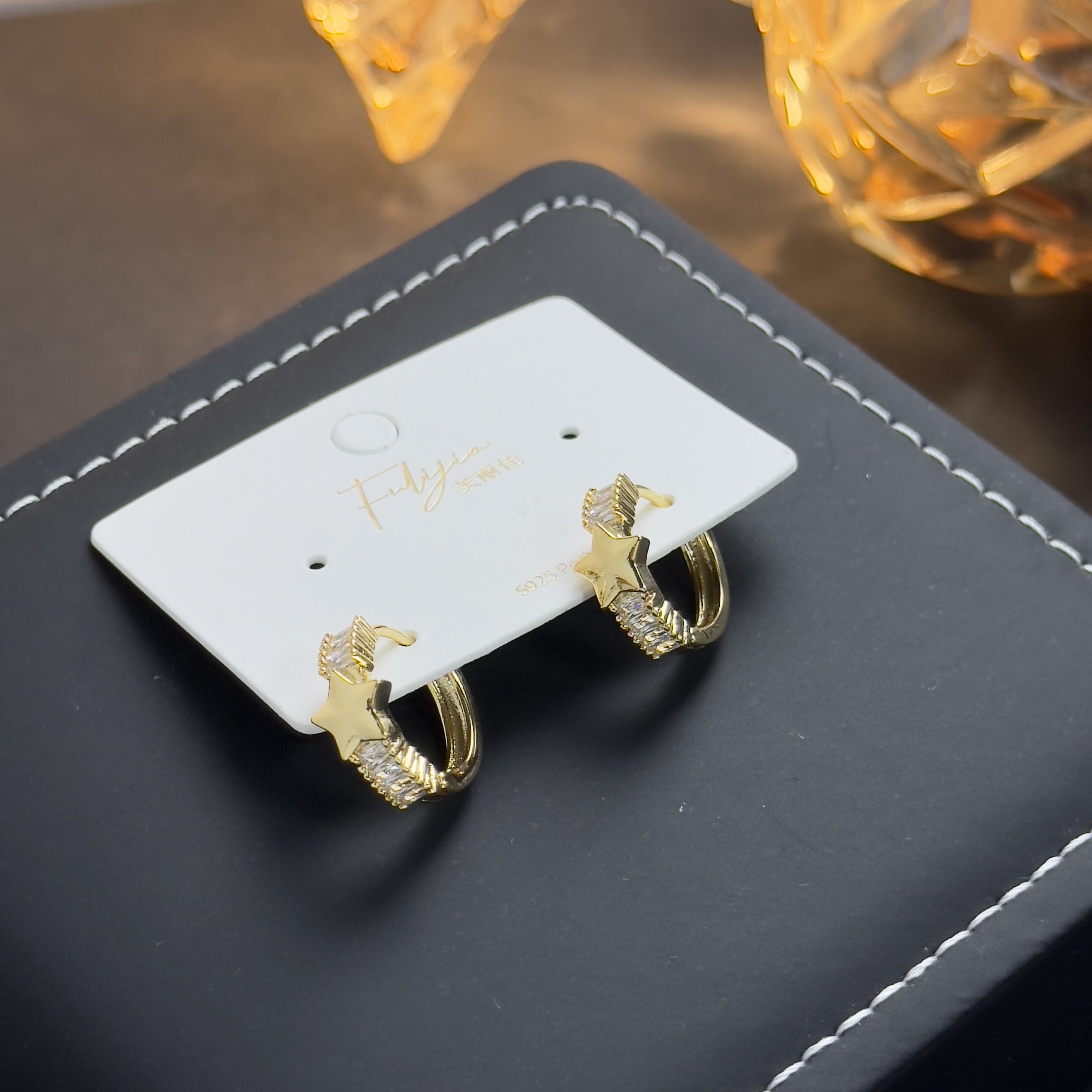 铜合金合成锆石耳饰 气质轻奢时尚百搭小众简约金色耳环QC2197