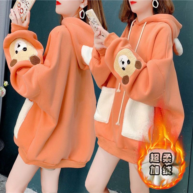韩版设计感小熊连帽卫衣女2023年冬季新款宽松百搭慵懒风上衣外套