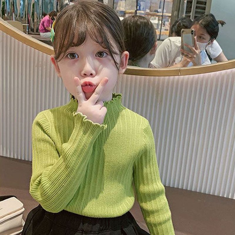 女童打底衫洋气2023秋冬新款女孩宝宝花边半高领纯色内搭针织毛衣