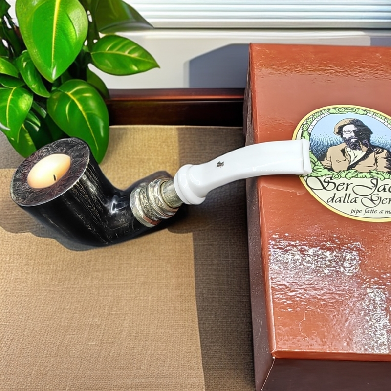 【雅克博】黑与白之间光面双银圈全新石楠木手工烟斗