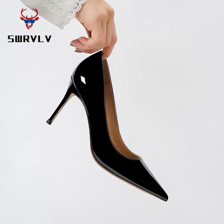 SWRVLV2024新款尖头高跟鞋女性感浅口百搭黑色漆皮职业细跟单鞋女