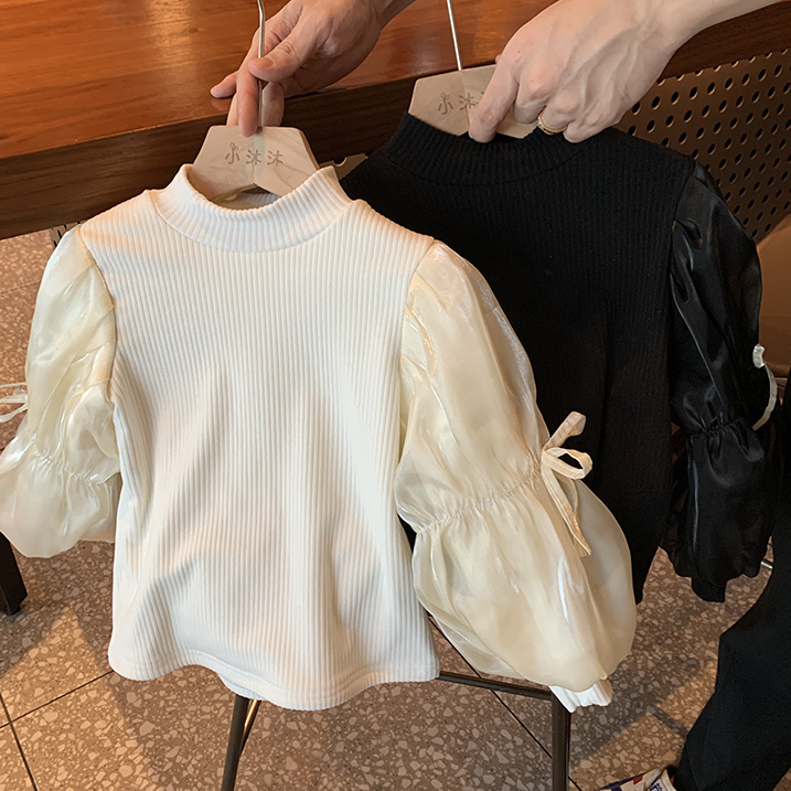 女童灯笼袖薄绒打底衫半高领儿童内搭上衣打底衣时髦洋气