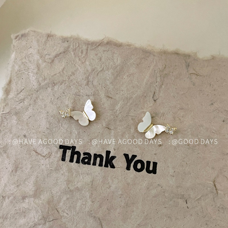 铜合金贝壳耳饰 天然贝壳小蝴蝶微镶耳钉