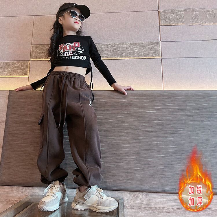 中大童秋冬女童裤子冬款加绒加厚帅气运动工装裤一体绒韩版休闲裤