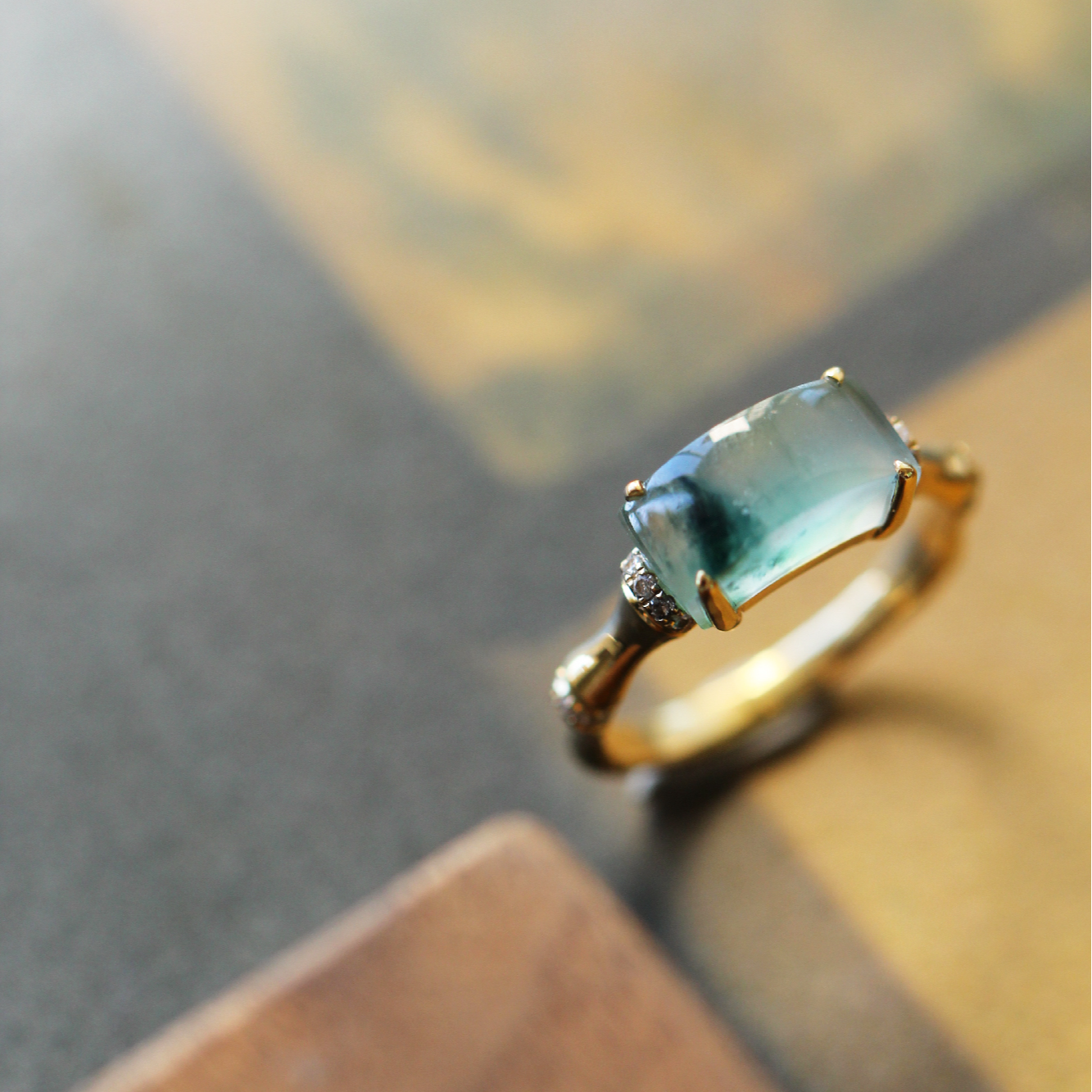 山肆竹节 冰蓝花翡翠18k戒指