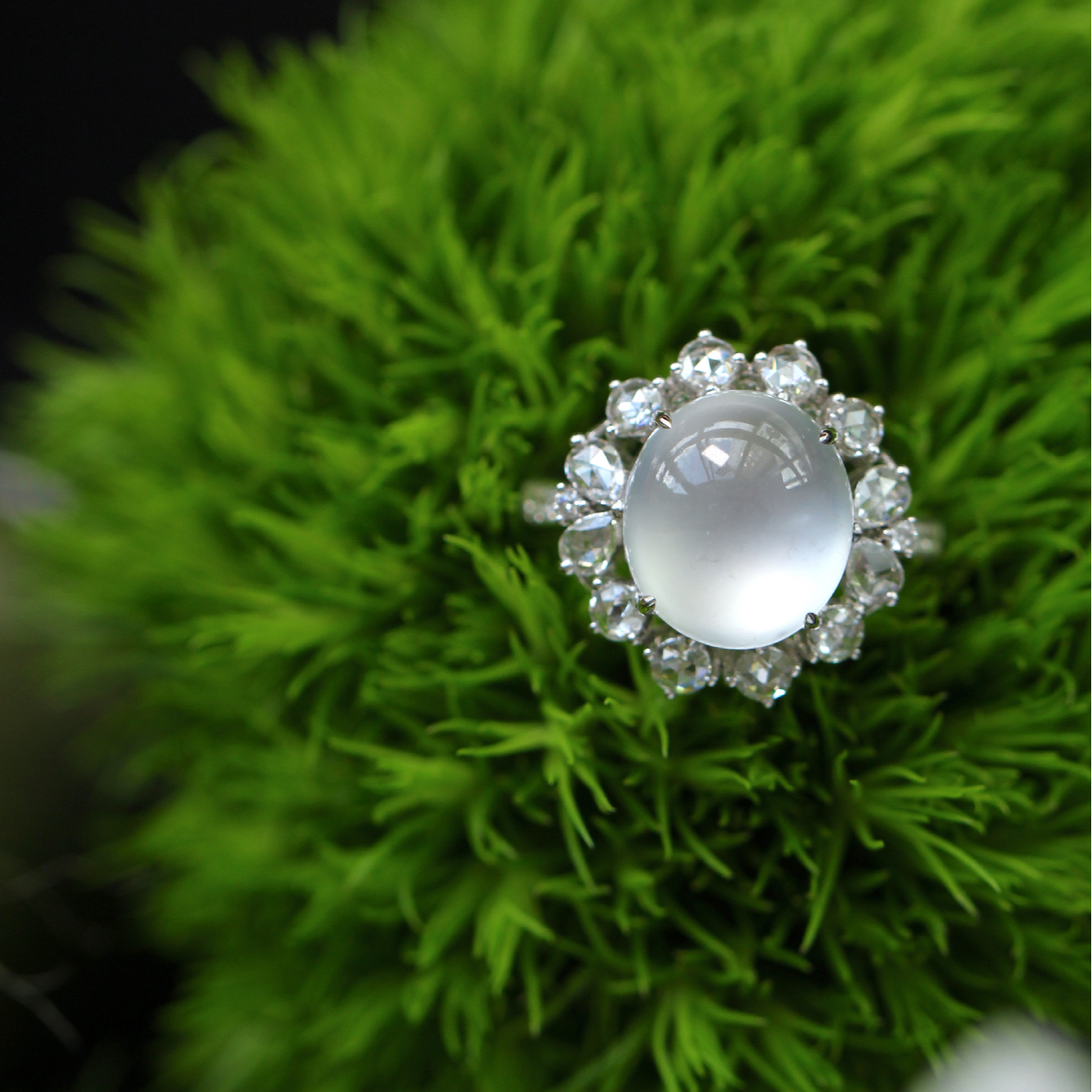 白月光 白玻璃种翡翠18k金蛋面戒指