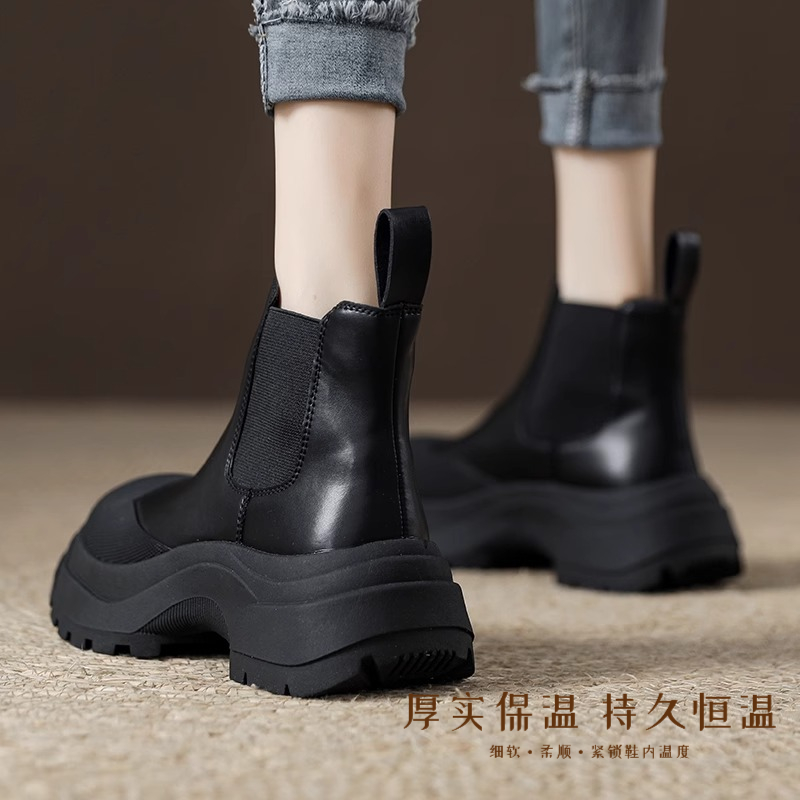 红蜻蜓牌真皮马丁靴女鞋2023秋冬新款圆头厚底切尔西靴增高烟筒靴