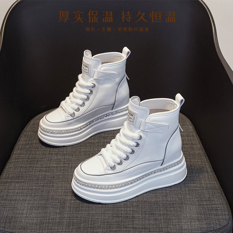 红蜻蜓牌8公分头层牛皮高帮鞋内增高厚底小个子小白鞋秋冬加绒ins