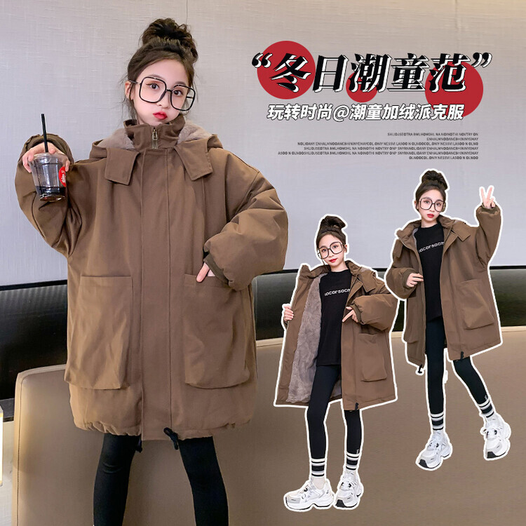 女童冬季加绒加厚连帽外套新款中大童儿童中长款宽松派克服棉服潮