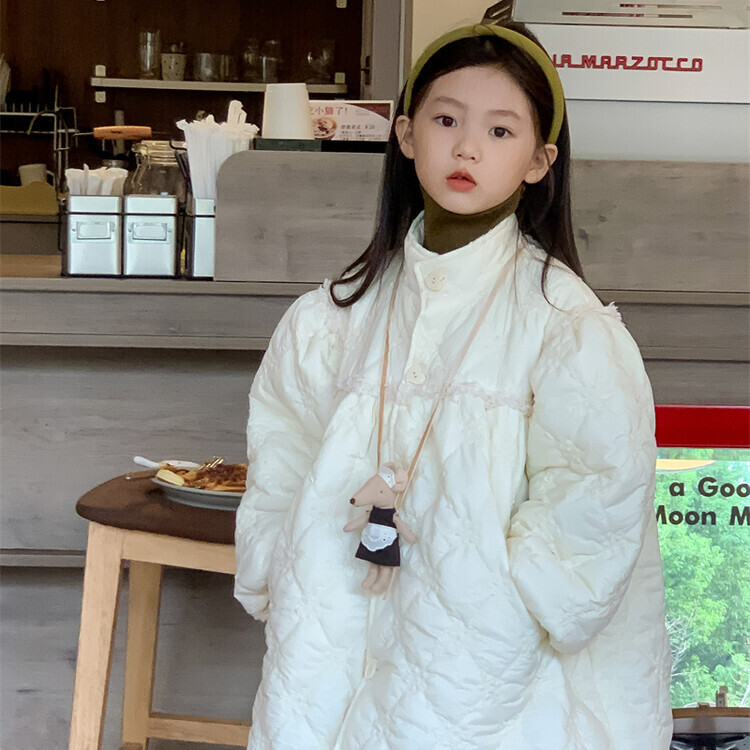 女童棉衣外套2023新款冬季绗线棉裙儿童绣花泡泡袖加厚棉衣外套潮