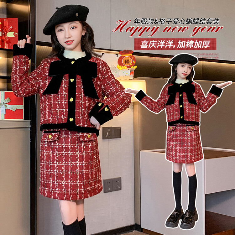 女童小香风套装秋冬过年喜庆衣服冬季女孩红色新年服装拜年服裙子
