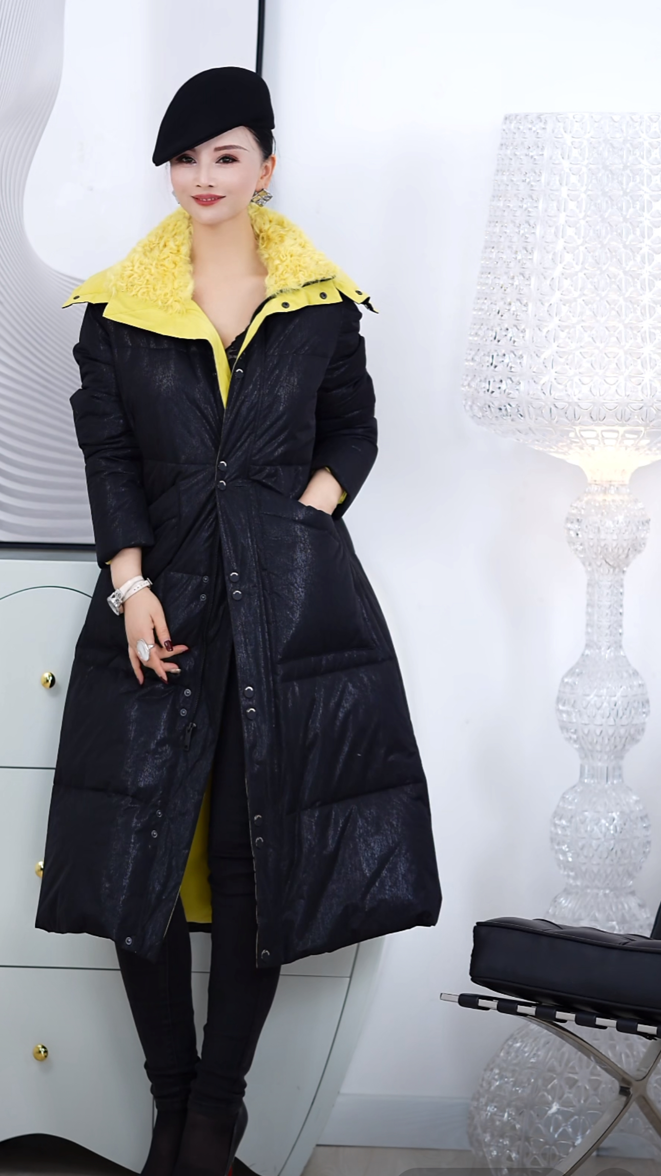 【NG】黑黄拼中长款鹅绒羽绒服