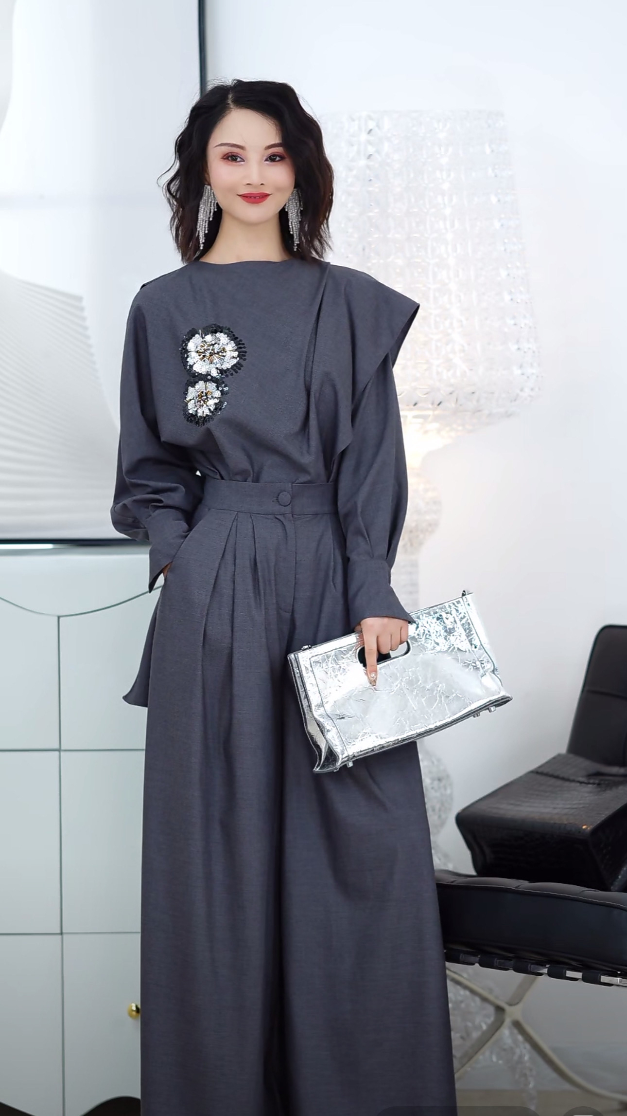 【RZ】灰色双褶显瘦阔腿裤