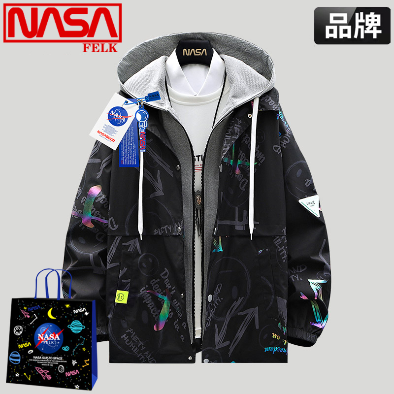 NASA联名夹克男士2025秋冬季学生假两件加绒加厚衣服大码外套男款