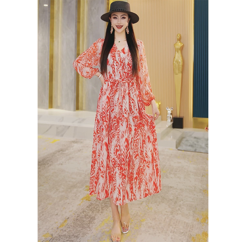 【女神降临】气质显瘦气质收腰裙子高端上档次印花连衣裙女2449