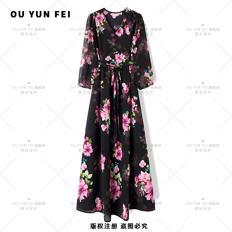【黑牡丹】女装连衣裙裙子气质轻奢女士保护复古收腰修身设F1222