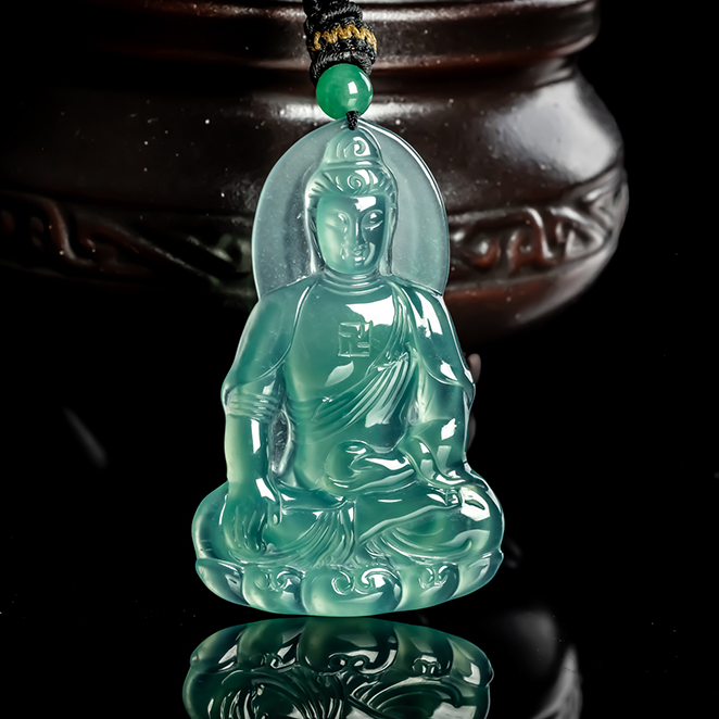 天然翡翠冰种满色生肖羊猴守护神A货翡翠精美冰晴绿大日如来吊坠