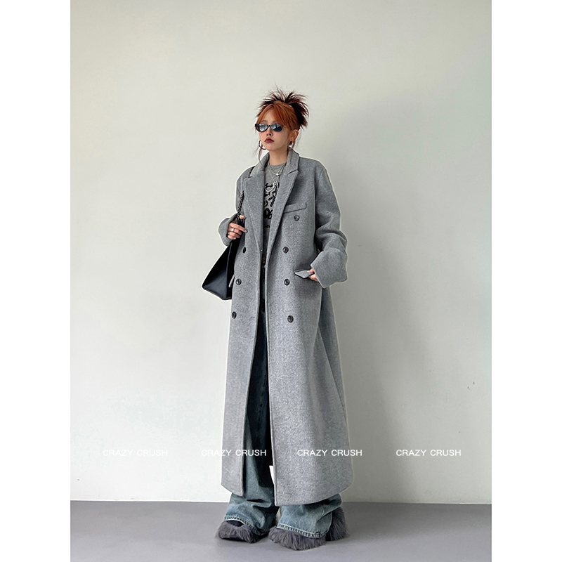 秋冬韩版灰色呢子大衣高级感正肩中长款高个子加长毛呢外套女