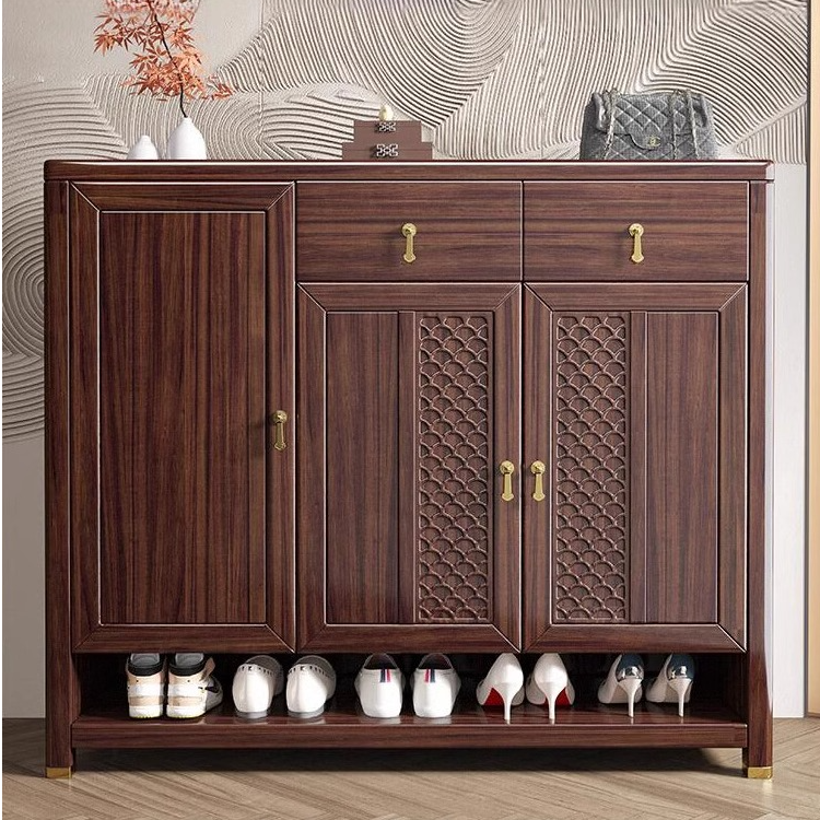 乌金木原木新中式轻奢简约入户实木鞋柜多柜门带抽屉家用入户鞋柜