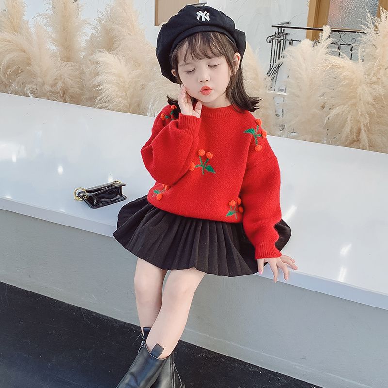 女童毛衣短裙套装上衣新款长袖打底衫女孩洋气加厚秋装外穿时髦