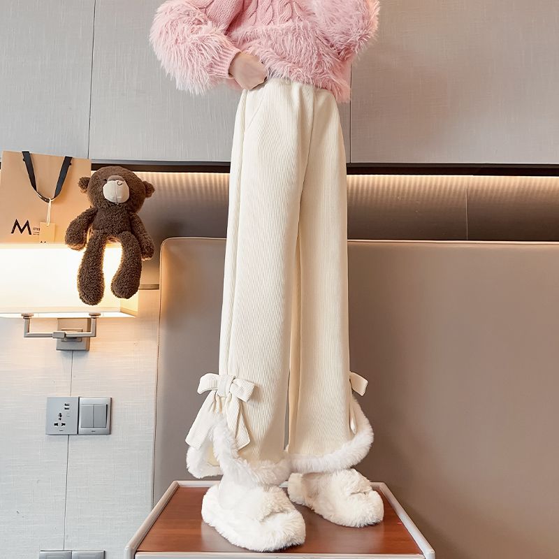 女童休闲裤秋冬2023新款儿童加绒裤子洋气毛毛裤脚冬款直筒阔腿裤
