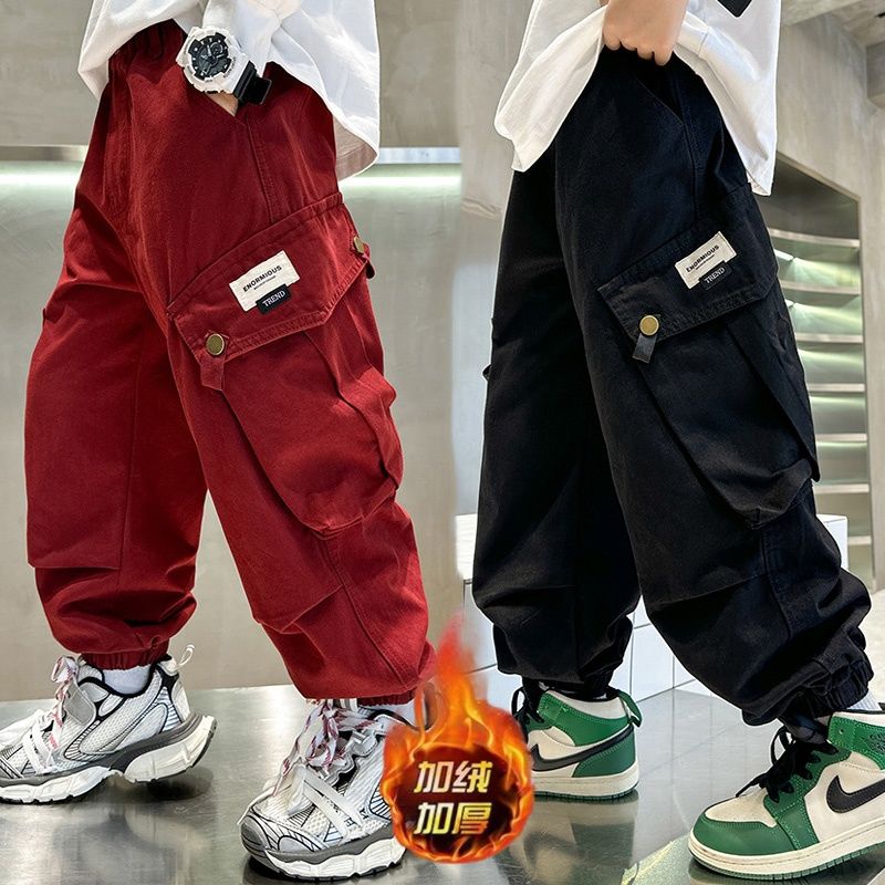 男童工装裤秋冬装新款儿童一体绒加绒保暖束脚裤子中大童休闲长裤