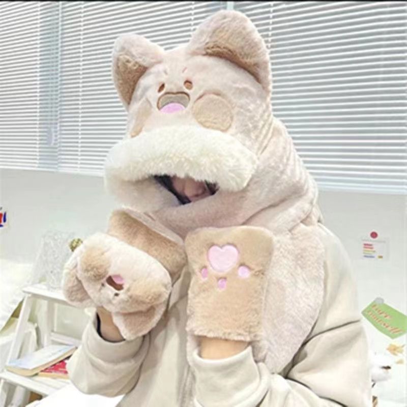 冬天嘟嘟猫围巾帽子送闺蜜可爱冬季百搭保暖毛绒围脖帽子手套一体
