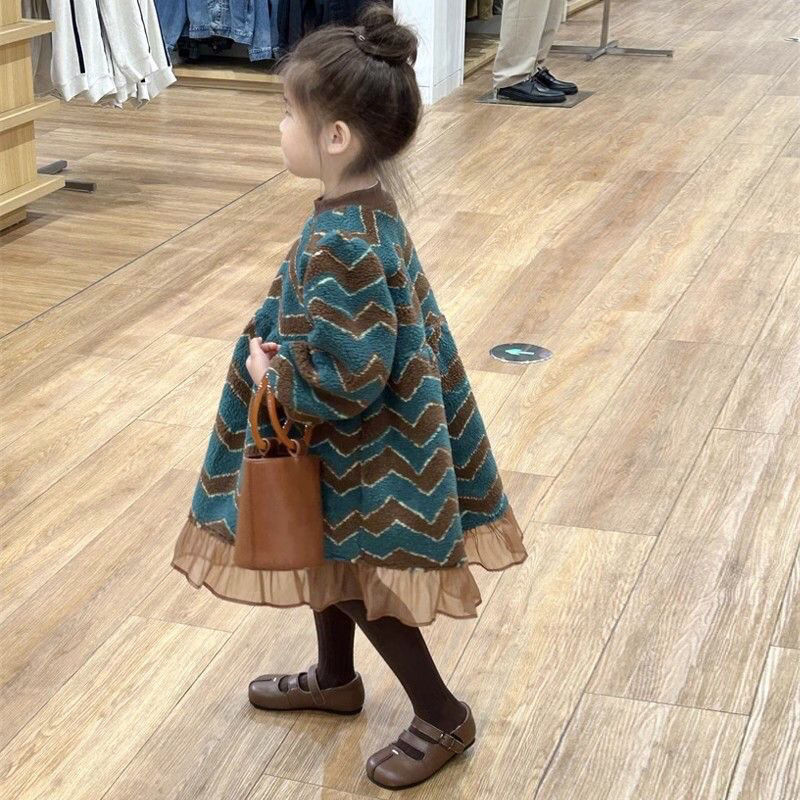 儿童冬裙洋气小女孩公主裙2023冬季连衣裙女童打底裙加绒厚花边裙