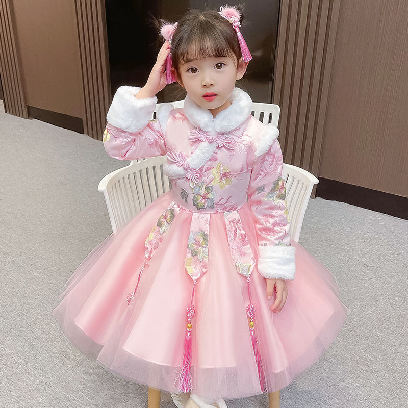 女童唐装汉服2022秋冬新款儿童旗袍连衣裙公主裙加绒中国风拜年服
