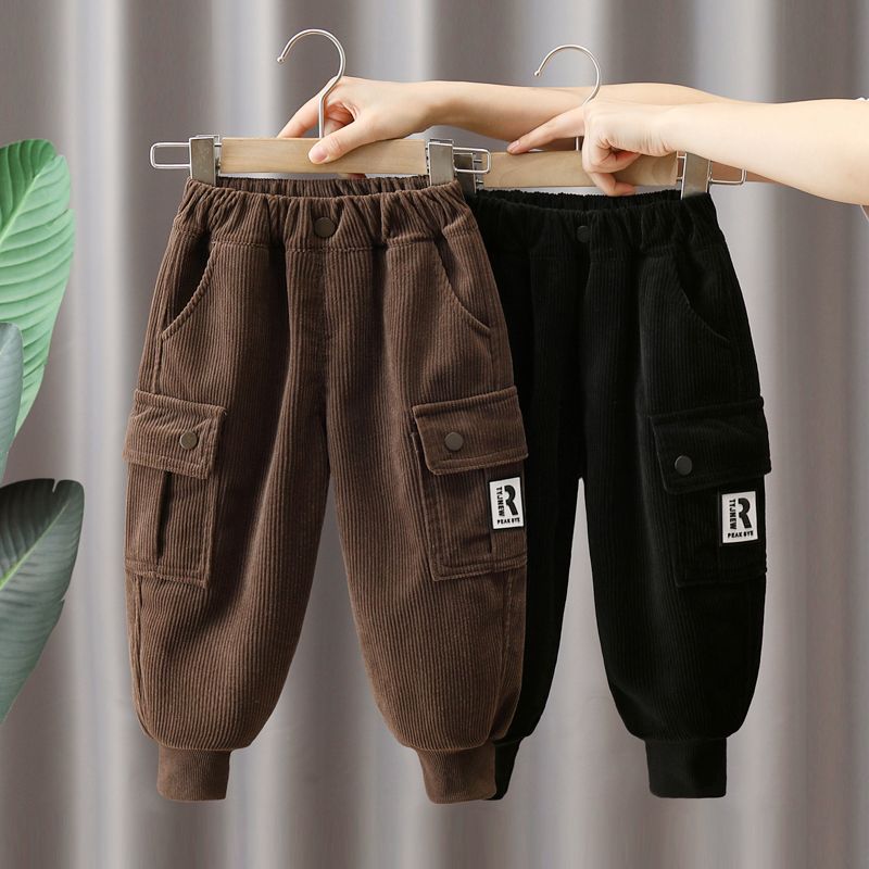 男童加绒裤子秋冬装小儿童工装裤2023新款宝宝加厚长裤一体绒冬季