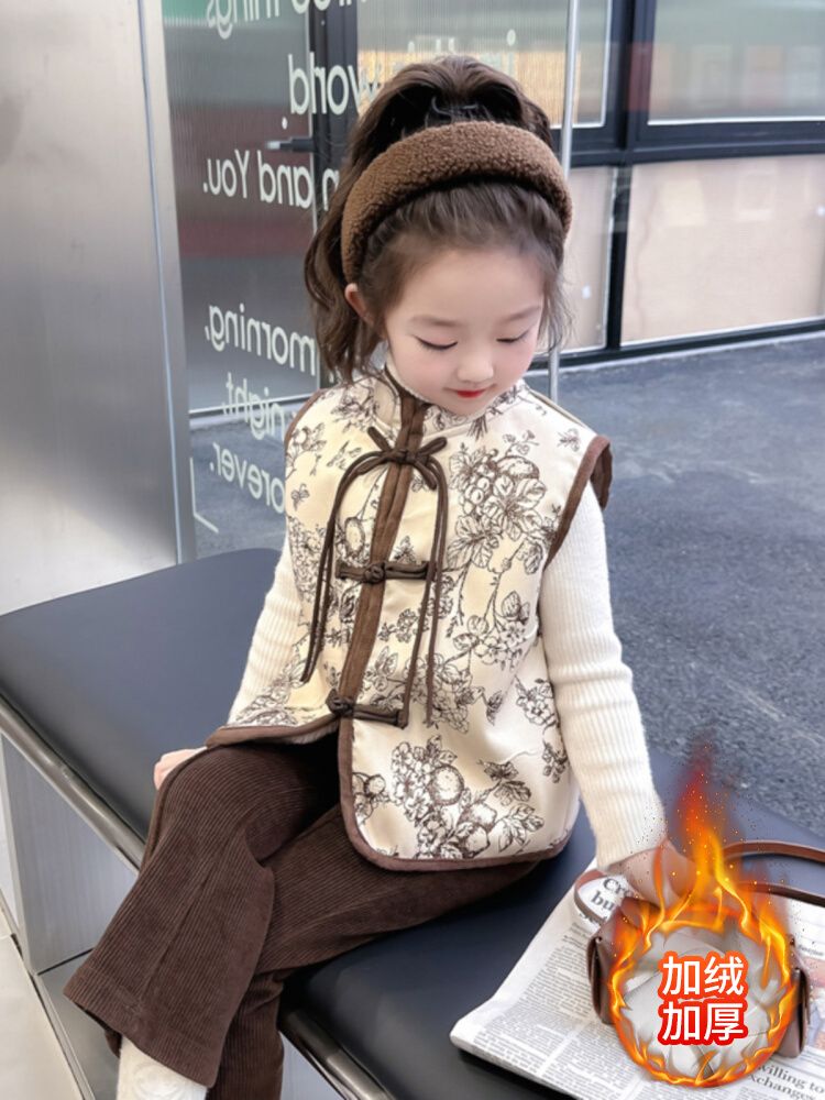 女童马甲冬季外穿宝宝加厚坎肩儿童中国风马夹2023新款洋气背心潮