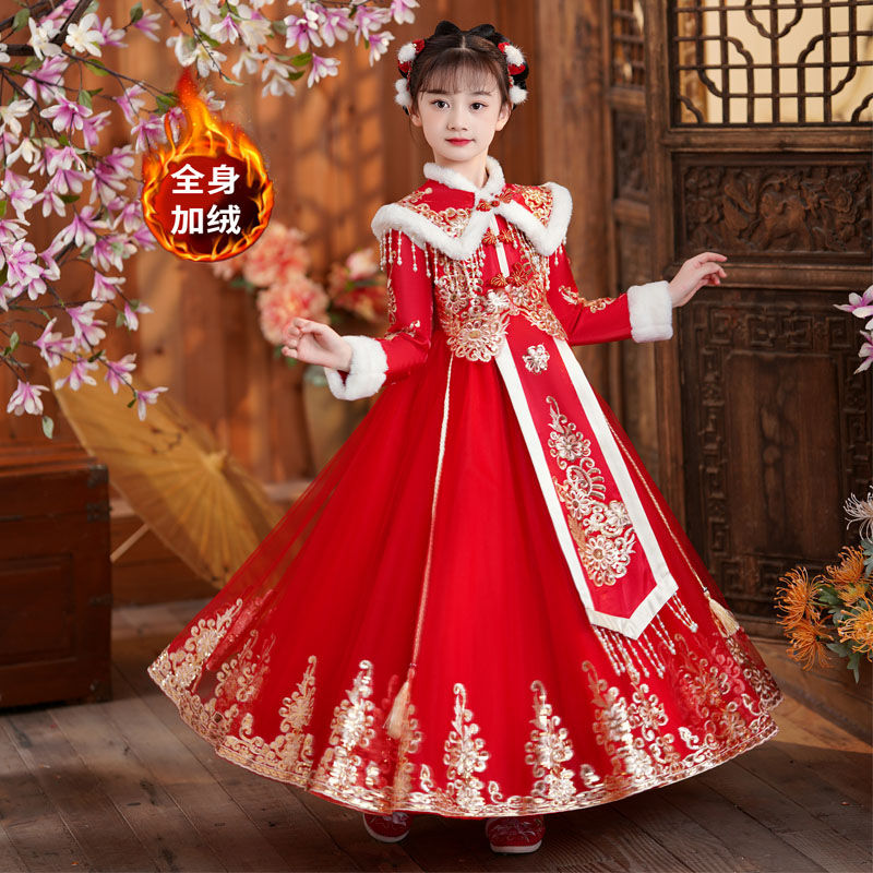 公主裙冬季连衣裙拜年服2023新款中国风古装加绒长裙女孩新年唐装