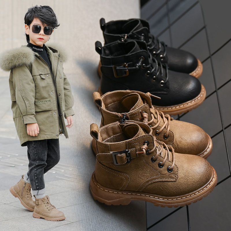 男童真皮马丁靴秋款冬季加绒加厚2023年英伦风儿童短靴小男孩二棉