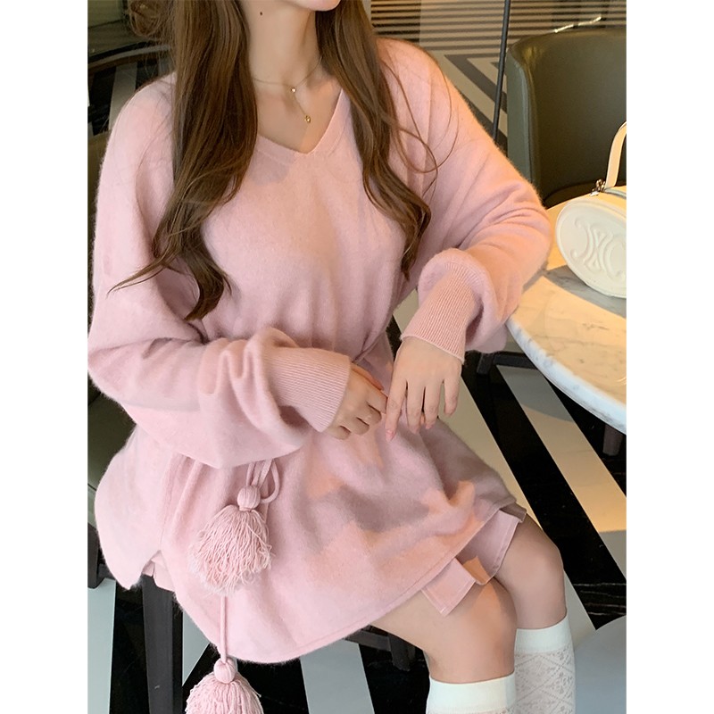 冰冰来了【锁温捷径】慵懒风宽松套头毛衣高腰针织长裙套装25414