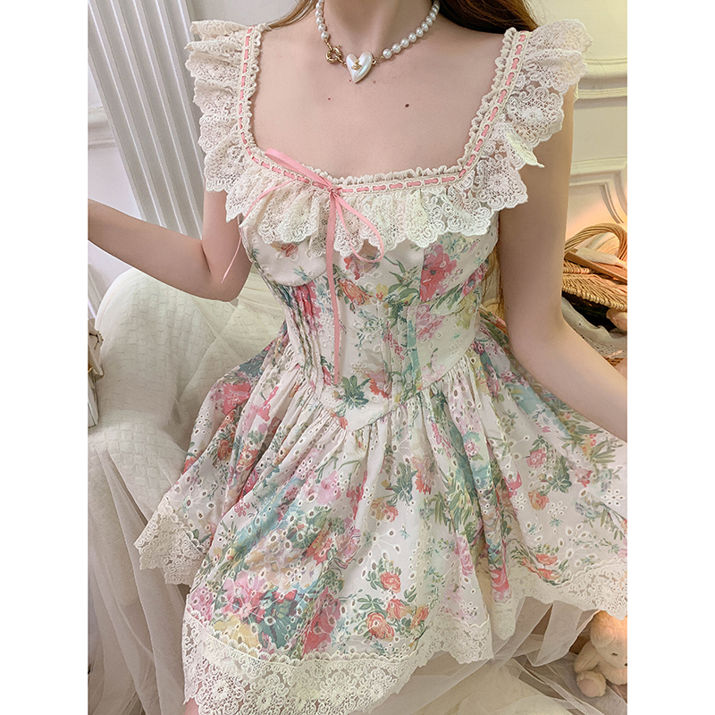 冰冰来了【花蕾少女】纯欲方领小众少女感碎花连衣裙蕾丝短裙26069