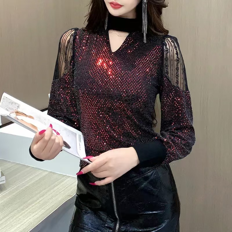 欧洲站2024秋冬新款韩版时尚半高领弹力亮片设计感显瘦打底衫上衣