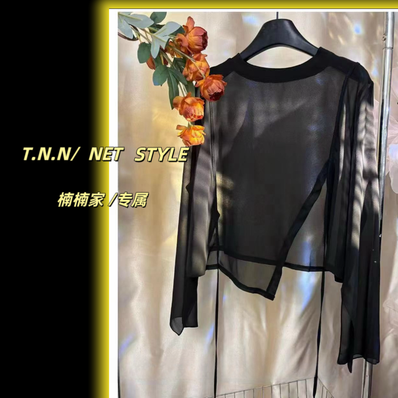 【欧尼黑纱】新款遮肚子搭配吊带裙叠穿珍珠雪纺纱罩衫小外搭打底衫