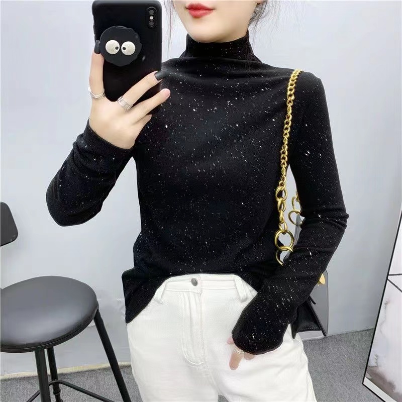 洋气半高领德绒亮片秋冬新款打底衫修身网红百搭长袖上衣女