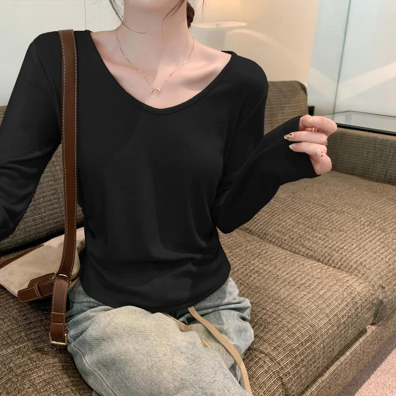 2024秋冬新款大V领长袖T恤内搭甜辣妹褶皱收腰打底衫上衣加厚叠穿
