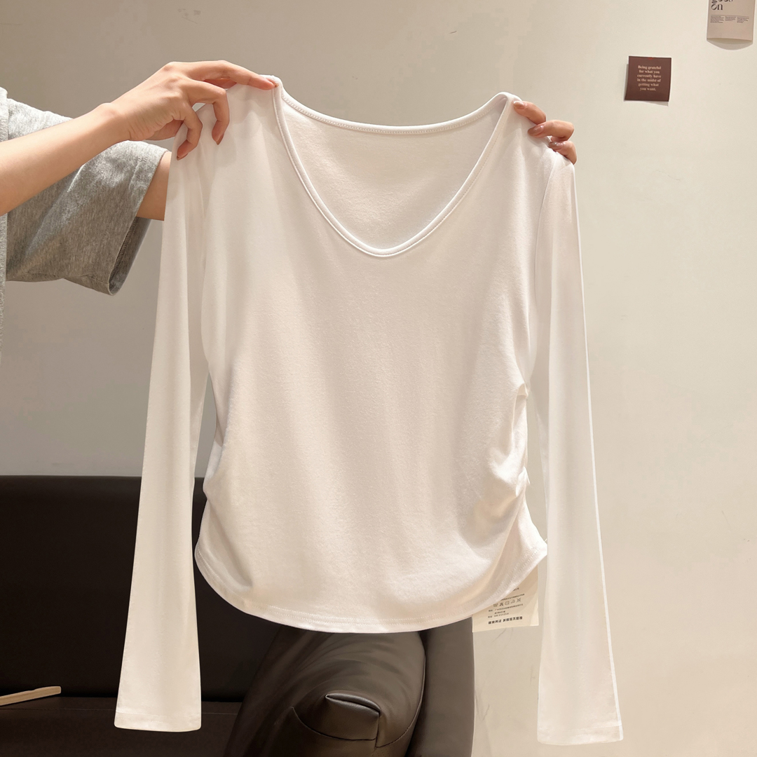 秋冬新款显白大V领长袖T恤内搭甜辣妹褶皱收腰打底衫上衣加厚叠穿