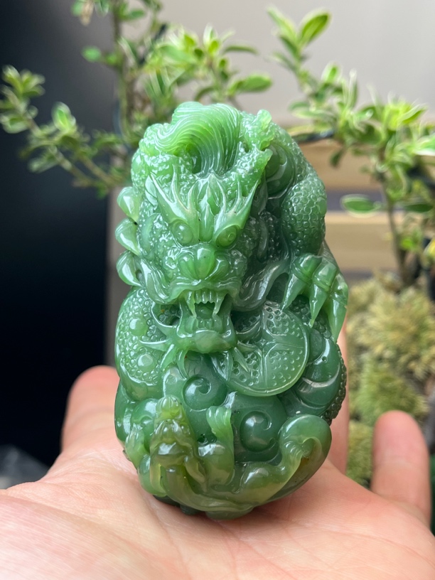 和田玉碧玉乌兰海苹果绿龙行天下130克，48✘78✘28
