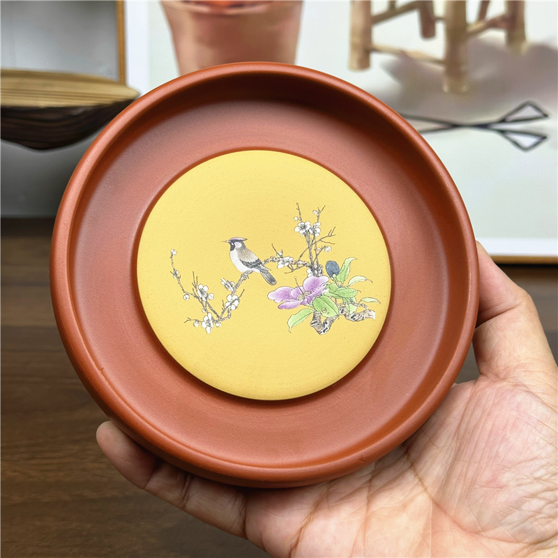 潮州朱泥干泡台壶托壶承紫砂干泡盘中式圆形简约花鸟壶垫茶托盘