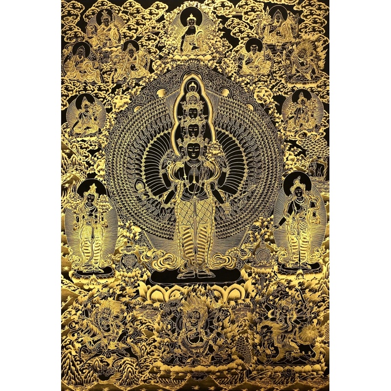 千手观音描金唐卡|静心减压|佛像涂色线稿|DIY手绘填色装饰画