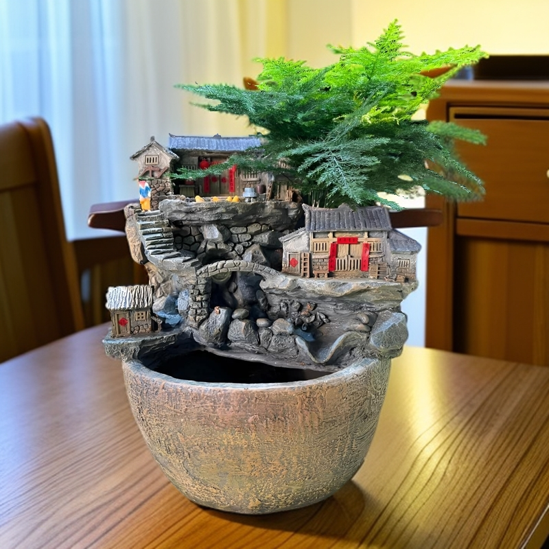 三层流水中国风流水摆件造景鱼缸经典怀旧田园植物盆栽懒人亮灯